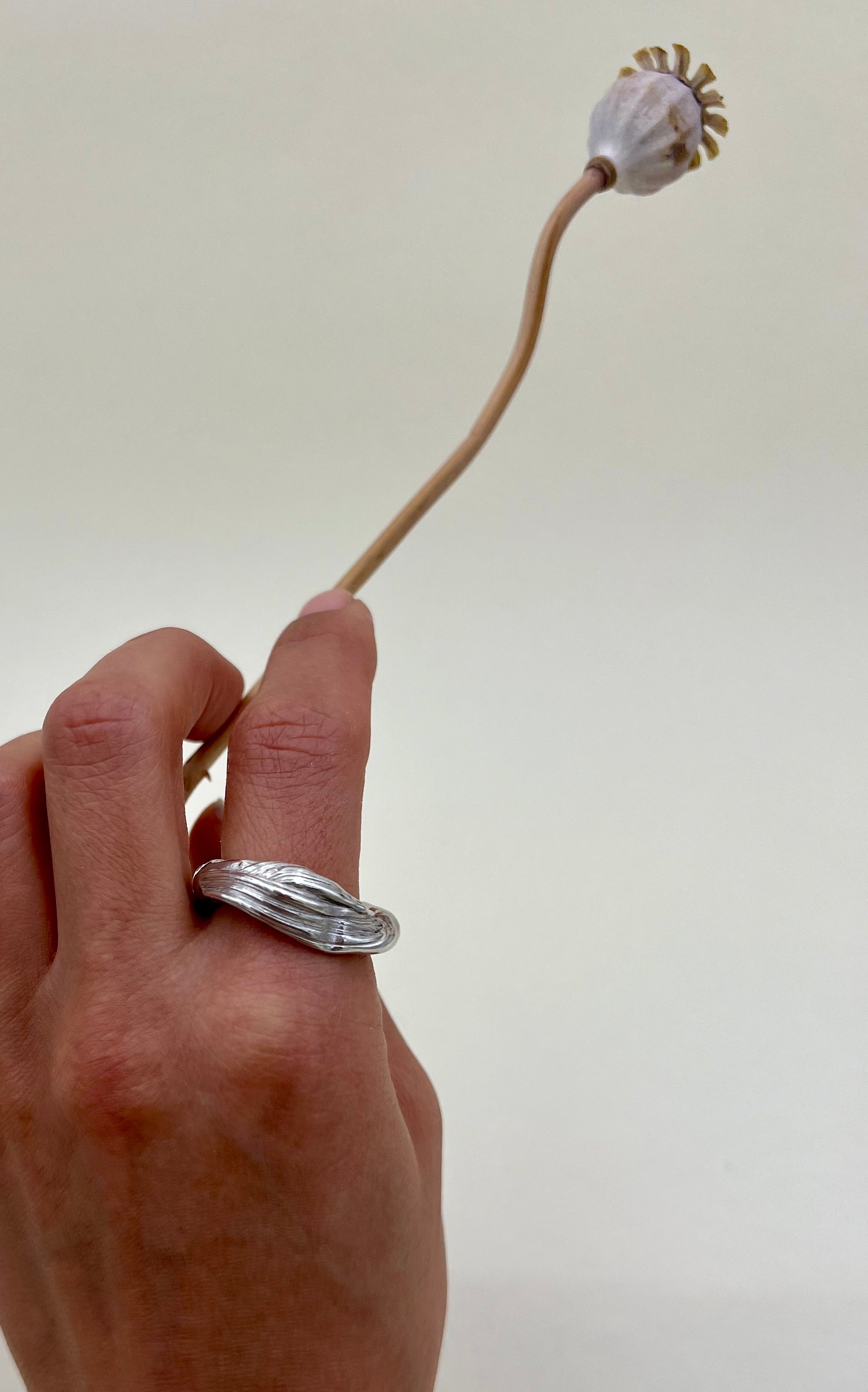 Silver sculptural ring crafted using the Mitsuro Hikime technique by Soul Full Studio. Hand model with white background and dried poppies.