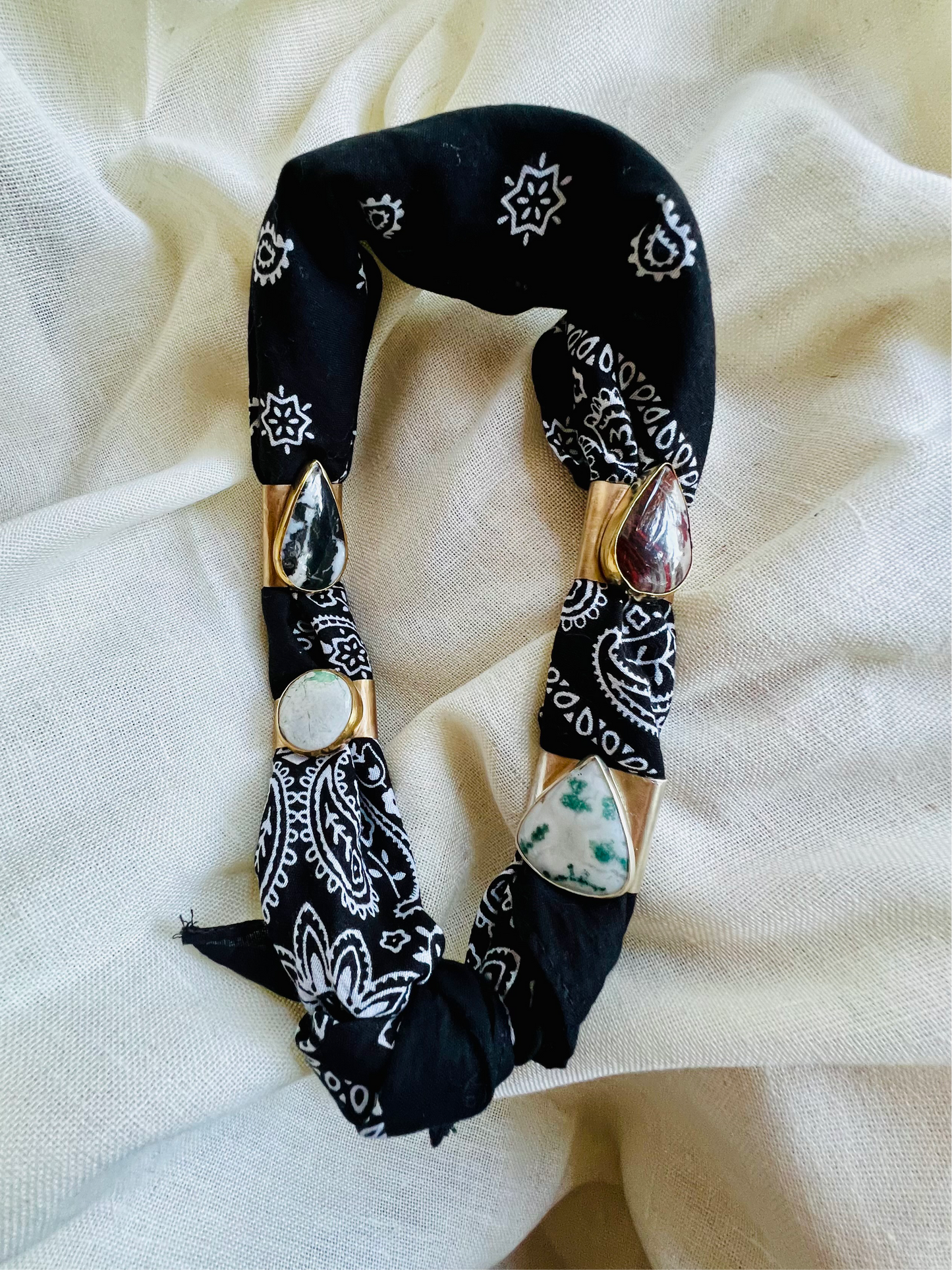 Wild rag bronze bandana slide with green variscite stone. Displayed on black bandana with wild rag slide collection.