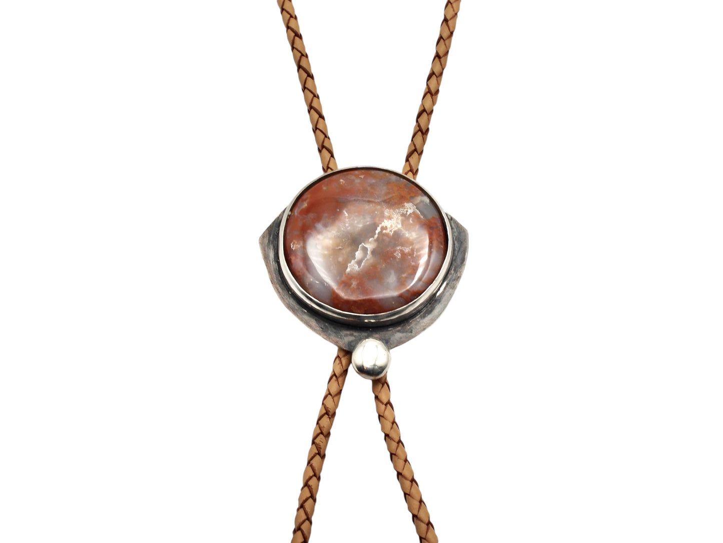 Bolo tie with red moss agate set in sterling silver and tan leather cord. Handmade bolo tie using metal smith techniques.