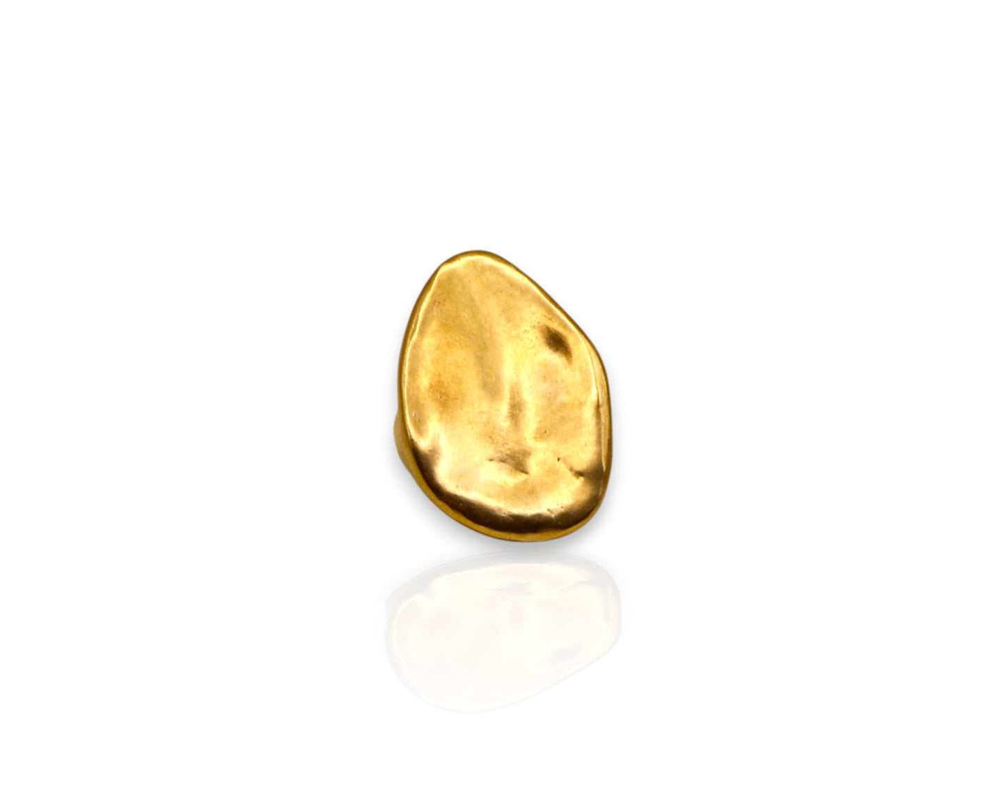 Yellow brass ring, sculpted, organic teardrop shape. Displayed on white background. 