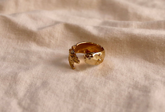 Handcrafted Tide Keeper Fish Ring inspired by the ocean’s rhythm and natural beauty. A sculptural, semi-adjustable statement ring made for sea lovers.
