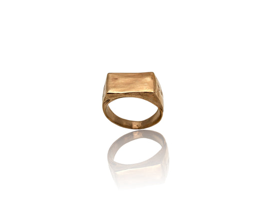 This image displays a yellow brass signet ring with organic, sculpted features. Displayed on white background. 