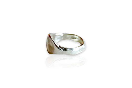 Side profile of sterling silver rhythma ring on white background.